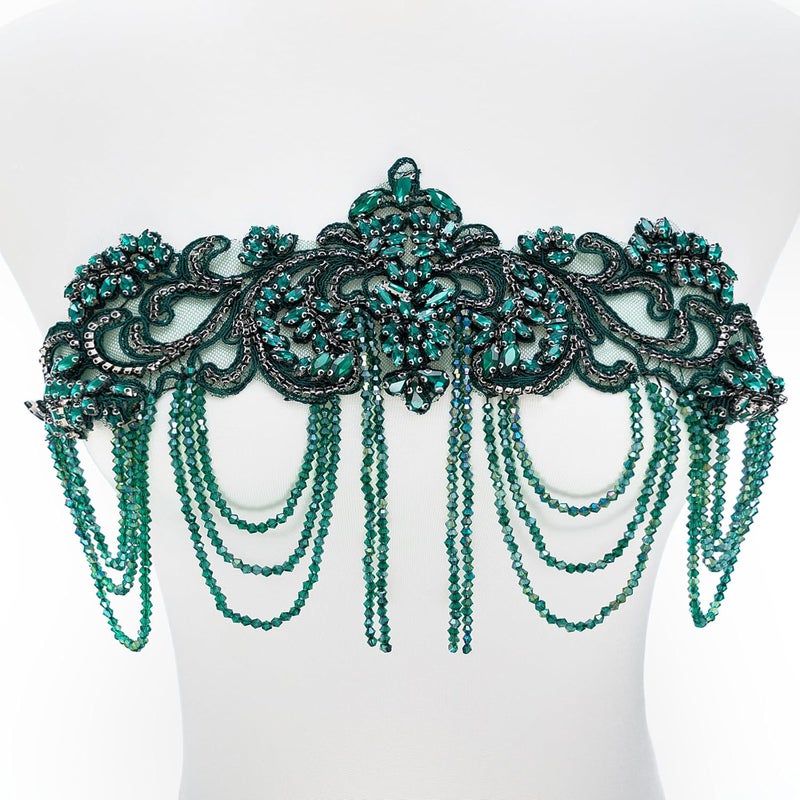 amusediy Deep Green Beaded Rhinestones Applique Embellishment for Clothes,Epaulettes Shoulder Patches Sew-on Diamond Sequin Applique for Wedding Dress DIY Accessories Belt Waist Decoration - Image 1